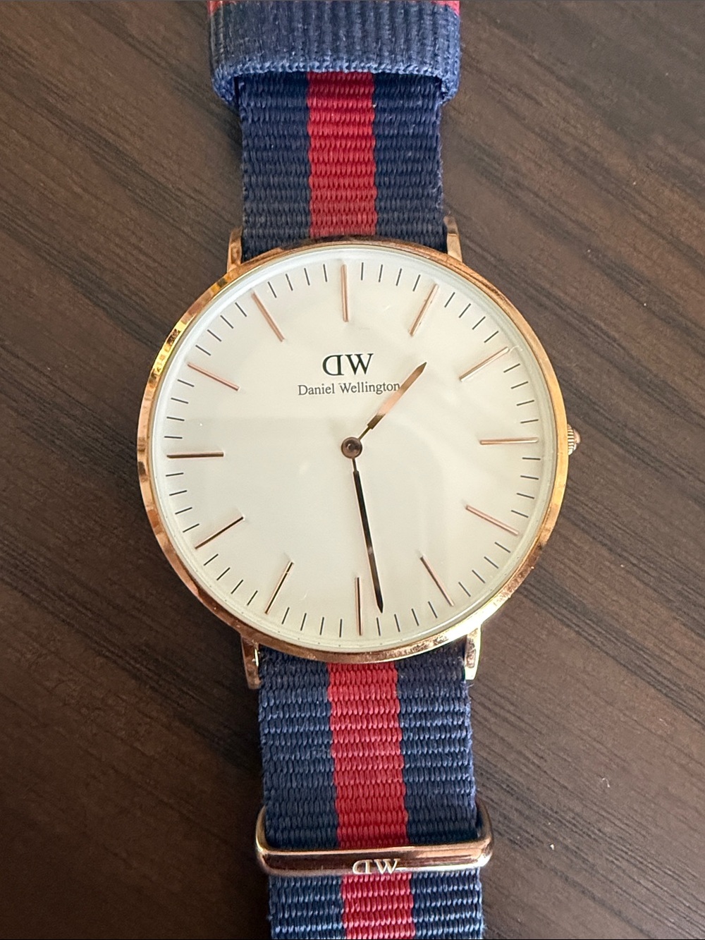 Daniel Wellington Rose Gold Watch with Navy and Red Strap